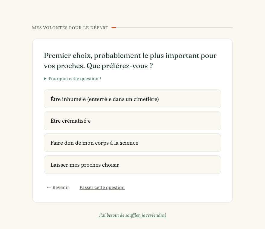 L'atelier : une question à la fois, avec la possibilité de passer ou de revenir